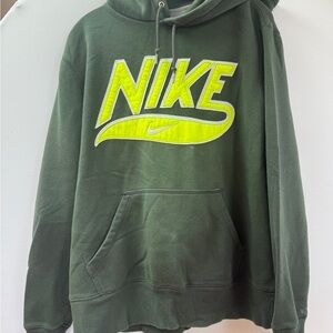 Nike Olive Green Crewneck Hoodie with Neon Yellow Logo